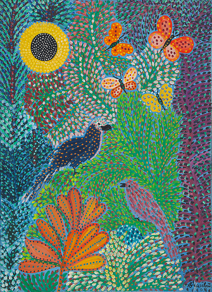 GRAUBEM (MARIA GRAUBEM BOMICAR MONTE LIMA) - Pássaro, flores e borboletas - Óleo sobre tela - Ass.inf.dir. - 72,5 x 53,5 cm.
