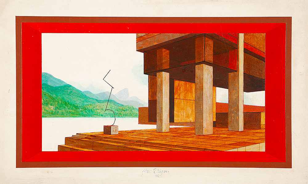 GLAUCO RODRIGUES -“Residência particular no Rio - Da série paisagens imaginárias - ”Óleo Sobre Tela Colado em Madeira - Ass. e dat. a lápis centro inf.Ass.tit.dat. no verso - 1980 - 33 x 55 cm.Com etiqueta Marchand Cláudia Gil.