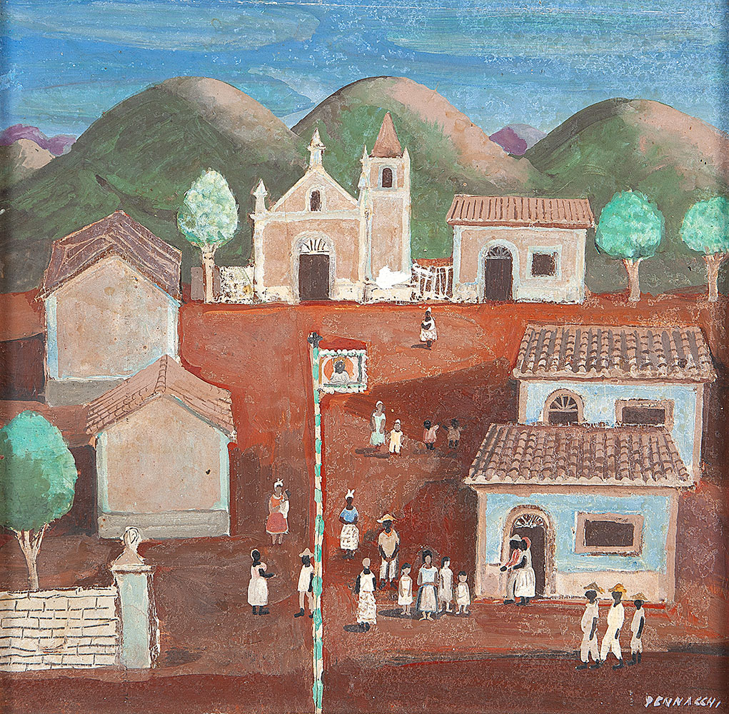 FULVIO PENNACCHI - Aldeia - Óleo Sobre Eucatex - 24,5 x 25 - Ass.inf.dir - Com etiqueta da Azulão Galeria.