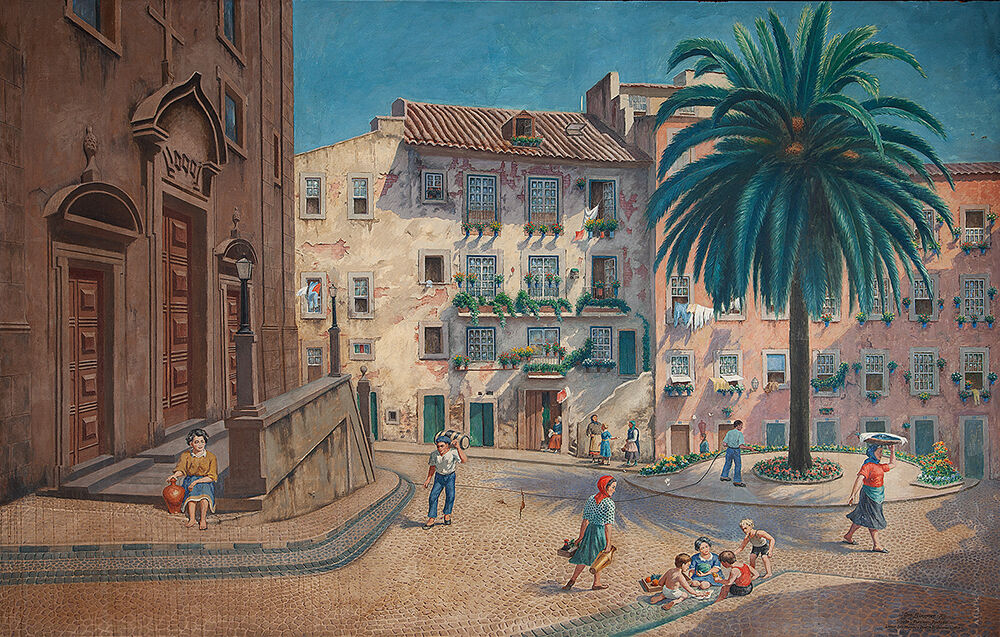 OTTO BUNGNER - Largo São Miguel e igreja St. Antônio –Lisboa – Alfama Portugal - 1953 - Óleo Sobre Tela - 191 x 298 - Ass.tit.dat. inf. dir - Apresenta pequenos furos.