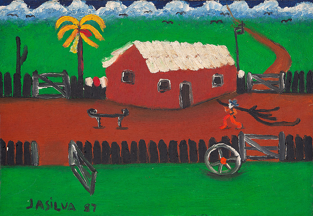 JOSÉ ANTÔNIO DA SILVA - Fazenda - 1987 - Óleo Sobre Tela - 38 x 55 - Ass.dat.inf.esq, ass.dat. no verso