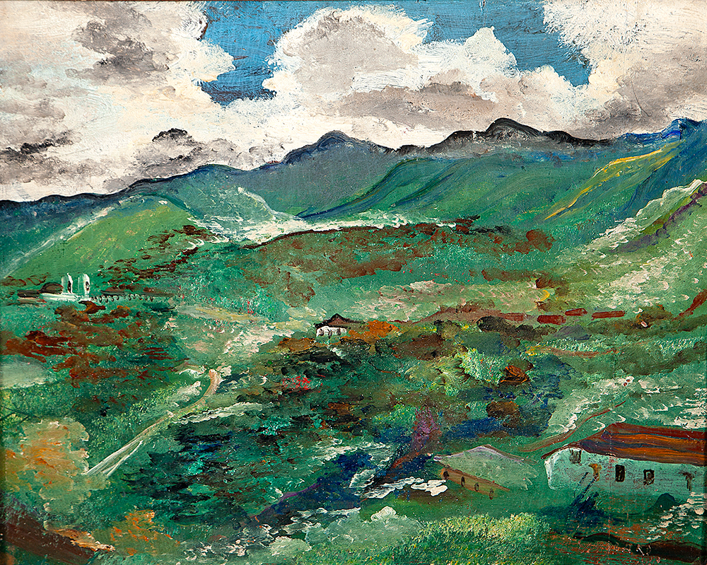GUIGNARD - Paisagem de Sabará - Óleo Sobre Madeira - Ass.inf.dir,Ass.dat.1949no verso - 42,5 x 52 cm.Participou da Exposição do Artistano Museu de Arte Moderna do Rio de Janeiro -1974 e Reproduzido no catálogo sob lotenº 118e com etiquetadeleilãonosNovembro 1979 na Renato Magalhães Gouvêa Leilões de Arte .Ex. coleção Aloysio Salles.