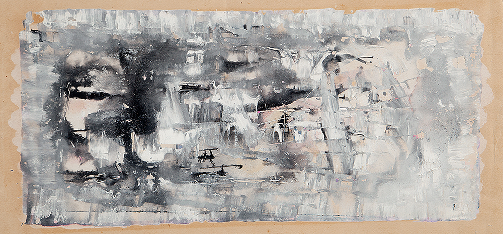 ANTÔNIO BANDEIRA - Sem título- Técnica Mista Sobre Papel ( Nanquim, óleo e guache sobre papel ) - 20 x 43 cm.Com carimbo de venda do atelier do artista no verso 1969 e com inscrição de autenticidade assinado por Roberto Teixeira Leite 22 de Maio 1969.