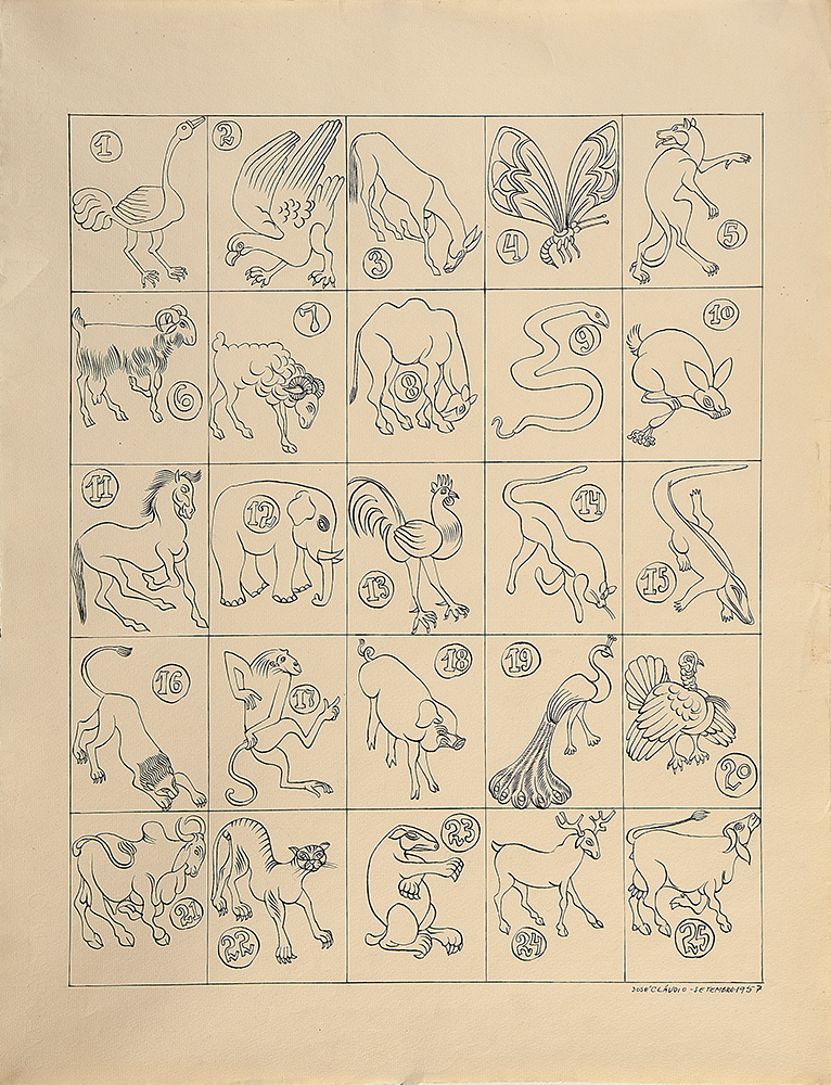 JOSÉ CLÁUDIO - Jogo do bicho - Nanquim Sobre Papel - Ass.dat.1957 inf.dir - 62 x 48 cm.Procedência Família Pignatari.