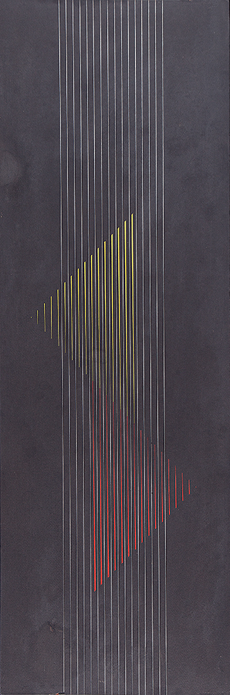 LOTHAR CHAROUX -Vibração III - Guache Sobre Cartão Colado em Eucatex - Ass.dat.1971 inf.dir - 1971 -99 x 34 cm.Com etiqueta Galeria de Arte Com. Alberto Bonfiglioli e Com etiqueta do III Salão Paulista de Arte Contemporânea.Apresenta manchas.