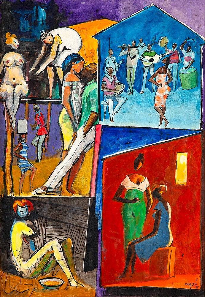 CARYBÉ - Bordel - Vinil Sobre Papel Colado Eucatex - Ass.dat.1991 inf.dir - 1991 50 x 35 cm.Procedência Ponto da Artes - Salvador - BA.