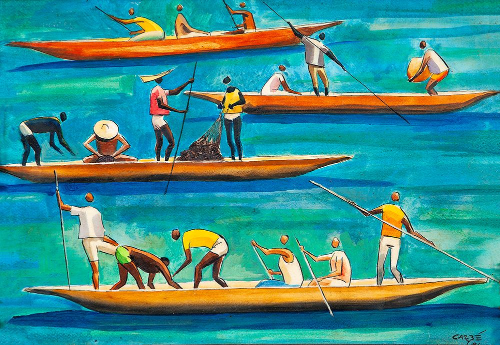 CARYBÉ - Canoeiros -Vinil Sobre Papel Colado Eucatex - Ass.dat.1986inf.dir,Ass.tit.dat. no verso - 35 x 50 cm.Procedência Ponto da Artes - Salvador - BA.