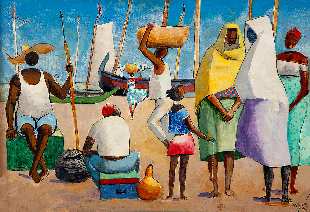 CARYBÉ - Figuras na praia - Vinil Sobre Papel Colado Eucatex -Ass.dat.1990 inf.dir - 35 x 50 cm.Procedência Ponto da Artes - Salvador - BA.