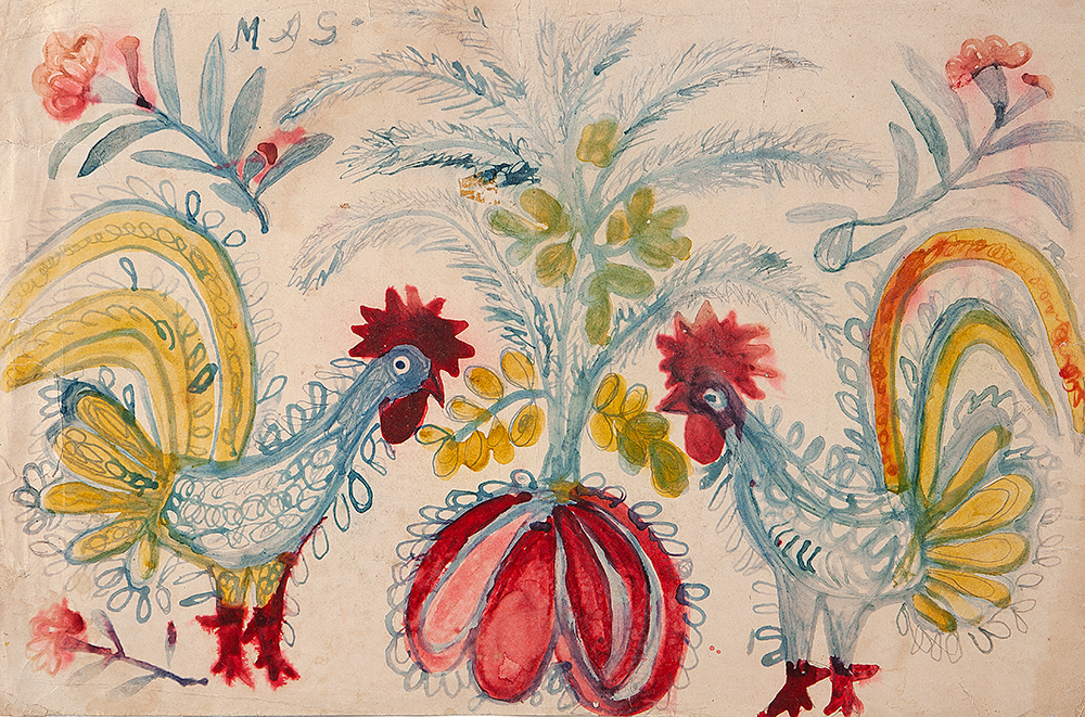 MARIA DO SANTISSIMO - Galos - Anílina Sobre Papel - Ass.sup.esq, insc. É de Milka e dat.1969 no verso - 36 x 45 cm.