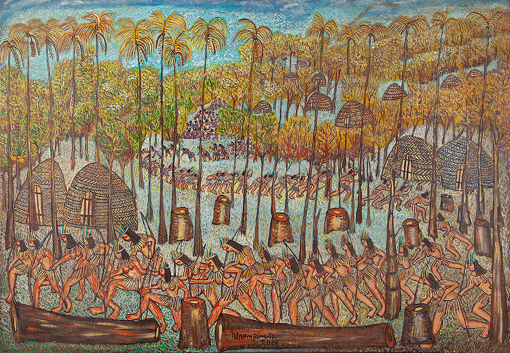 NILSON PIMENTA - Aldeia indígena - Acrílico Sobre Tela - Ass.dat.2004 centro inf. - 88 x 126 cm.