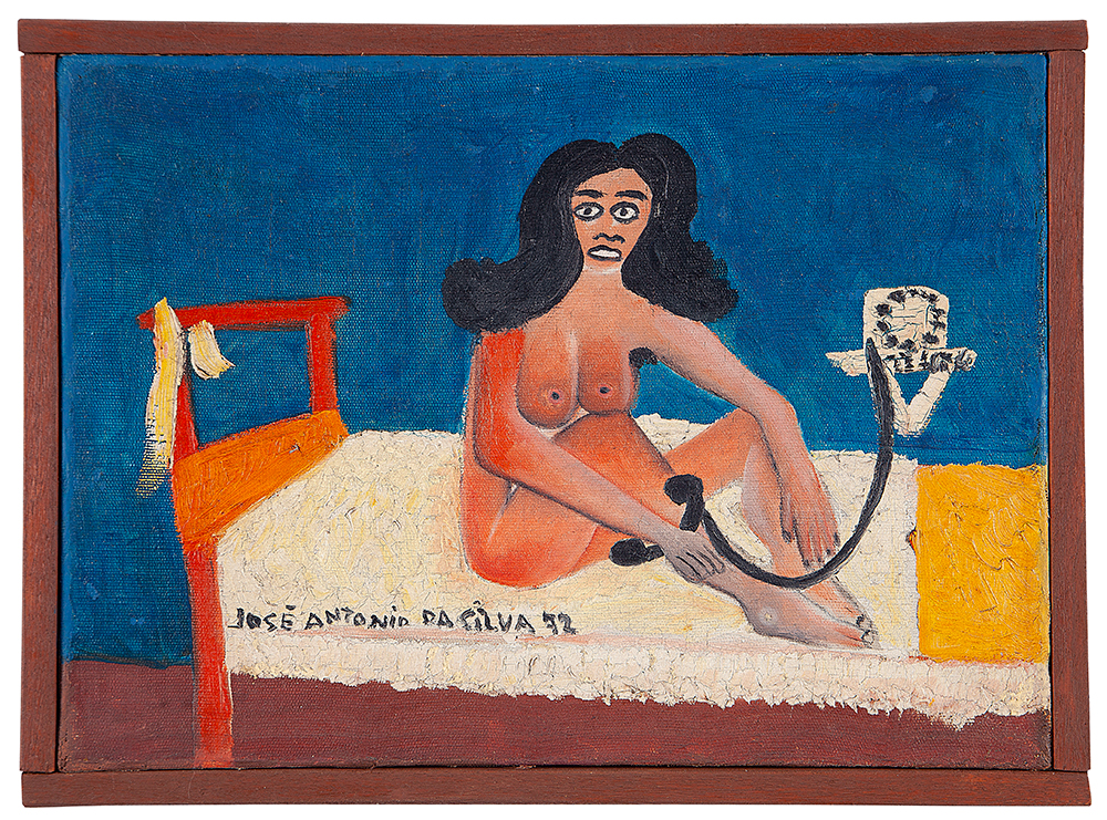 JOSÉ ANTÔNIO DA SILVA - Mulher ao telefone na cama - Óleo Sobre Tela - Ass.dat.1972 inf.esq. -24 x 33 cm.