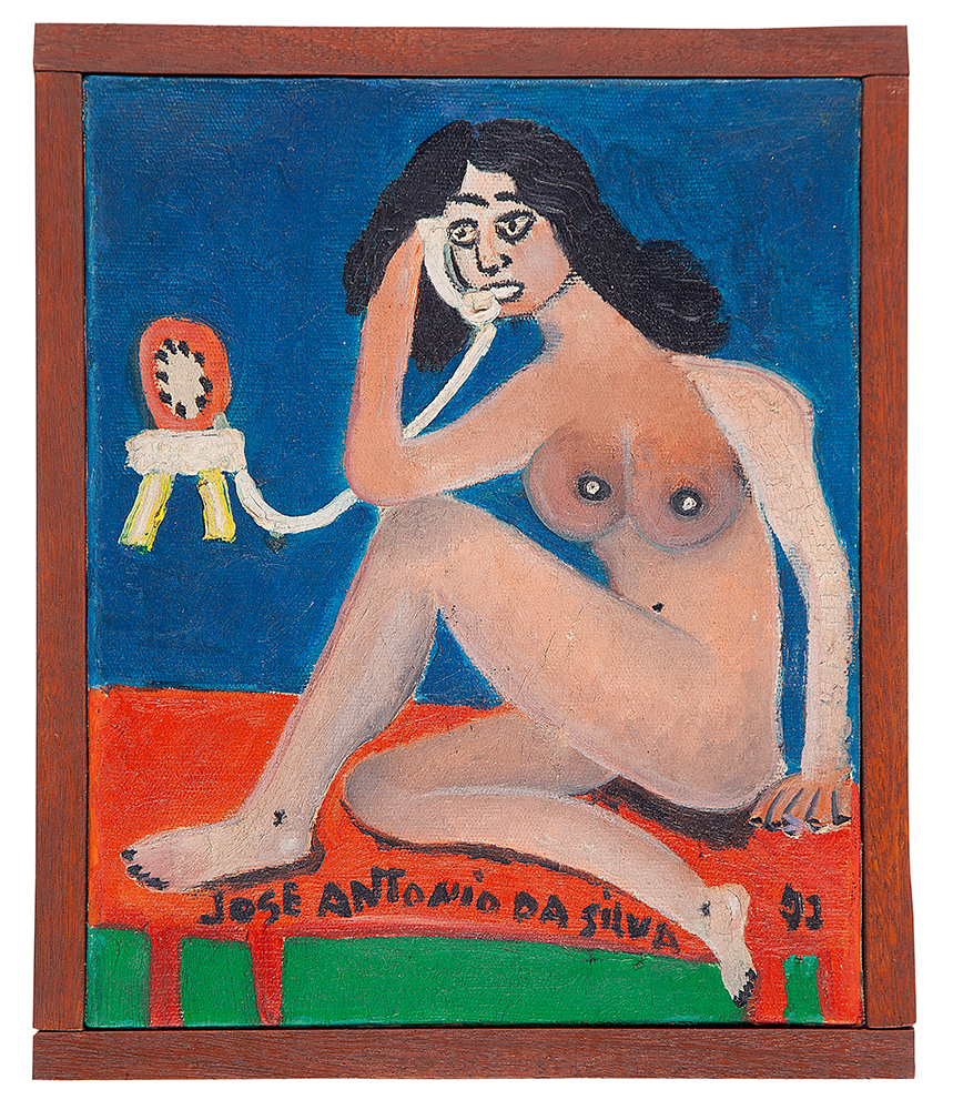 JOSÉ ANTÔNIO DA SILVA - Mulher ao telefone - Óleo Sobre Tela -Ass.dat.1972 no centro inf.ass.dat. no verso - 23 x 19 cm.