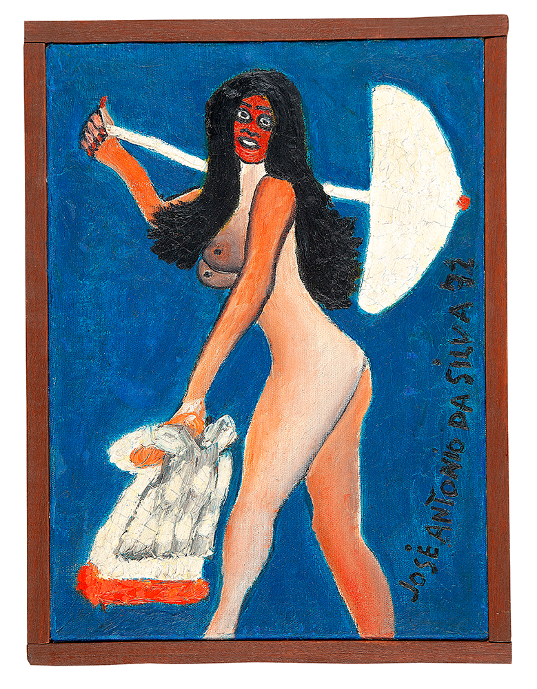 JOSÉ ANTÔNIO DA SILVA - Mulher com guarda chuva - Óleo Sobre Tela - Ass.dat.1972 lat.dir, Ass.dat. no verso - 33 x 24 cm.