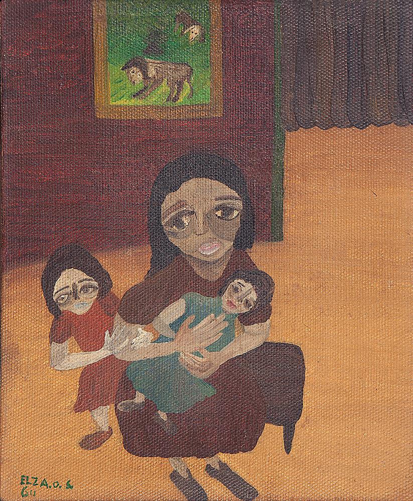 ELZA O.S. - Família - Óleo Sobre Juta - Ass.dat.1964 inf.esq. - 30 X 25 cm.