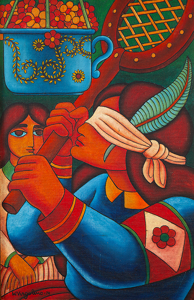 WELLINGTON VIRGOLINO - Quebra pinico - Óleo Sobre Tela Sobre Eucatex - Ass.dat.1974 inf.esq.Ass.tit.loc.Recife e dat. no verso - 56 x 37 cm.