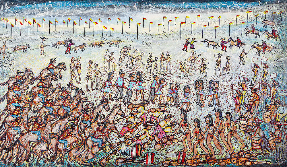 NILSON PIMENTA - Cavaleiros e festeiros - Acrílico Sobre Tela - Ass.dat.2014 no centro inf., Ass.tit.dat. no verso - 50 x 85 cm.