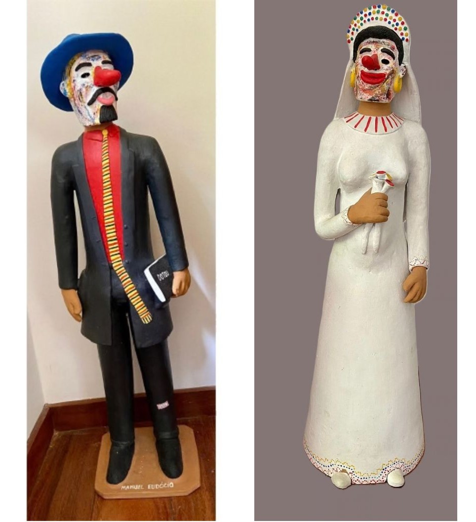 MANUEL EUDOCIO - Doutor mascarado e Noiva grávida mascarada (Figuras do Reisado) - Escultura em Cêramica Pintada - Doutor 86 x 22 x 19 cm. / Noiva 84 x 22 x 19 cm.