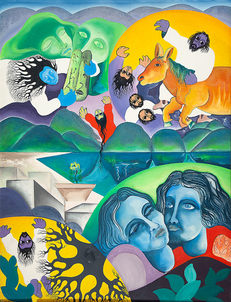 JOÃO LEME - Os namorados e as tabuas da lei - Óleo Sobre Tela -Ass.tit.loc.Rio e dat.1973 no verso - 65 x 50 cm.