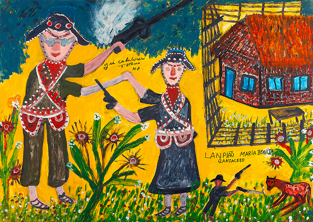 JU CABELEIRO - Lampião e Maria Bonita - Óleo Sobre Lata - Ass. Loc.Teófilo Otoni - MG centro sup., tit. inf.dir - 54 x 74 cm.